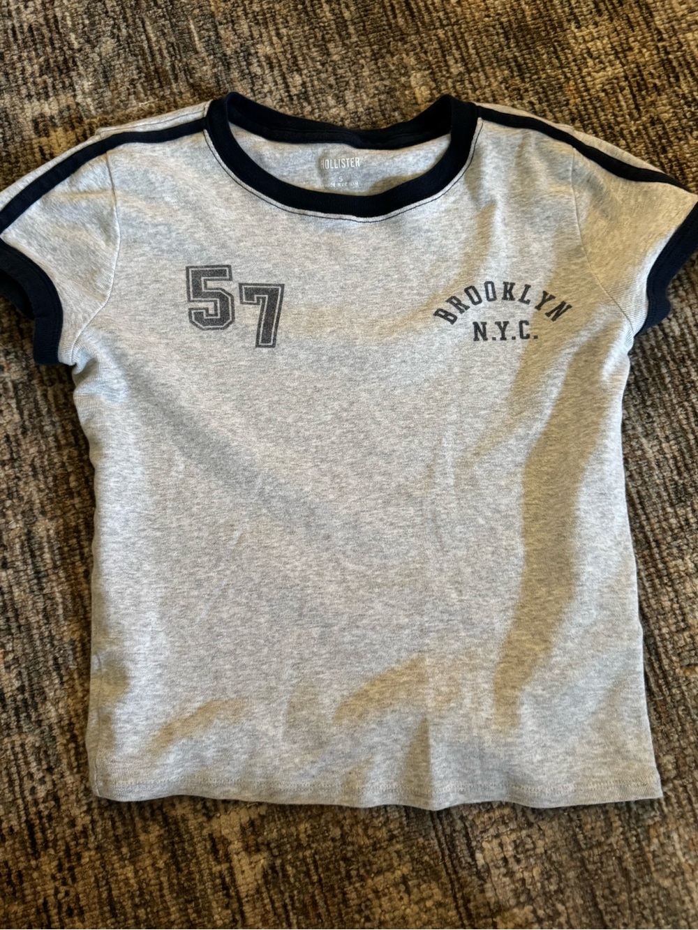 Hollister Gray Tee with Navy Trim and Brooklyn N.Y.C. Graphic